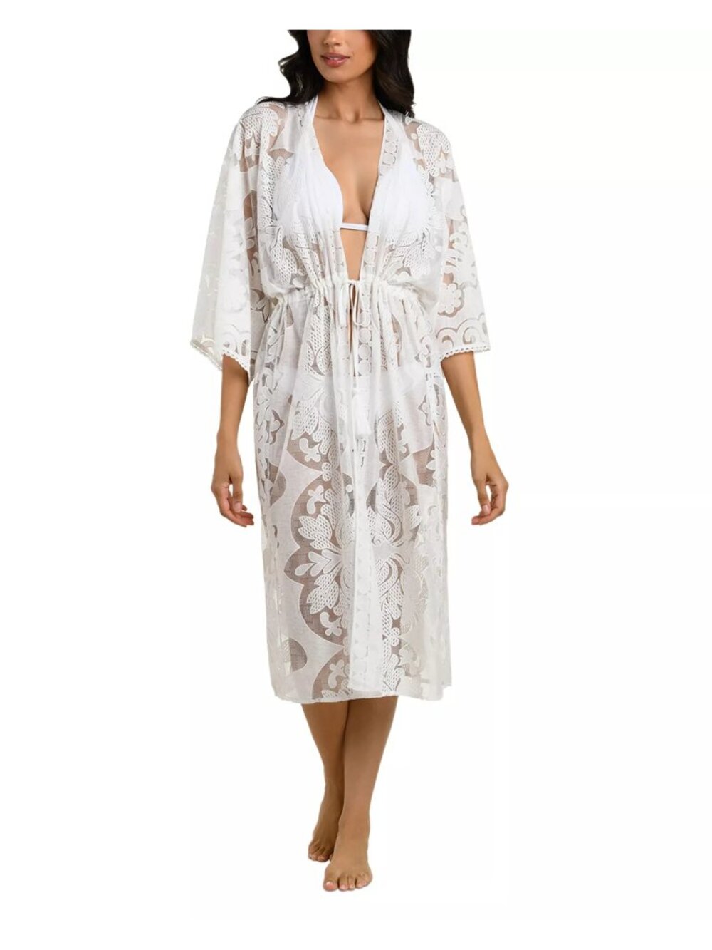 NWT La Blanca Pearl Front Tie Kimono Swim Cover-Up White Size Small/Medium